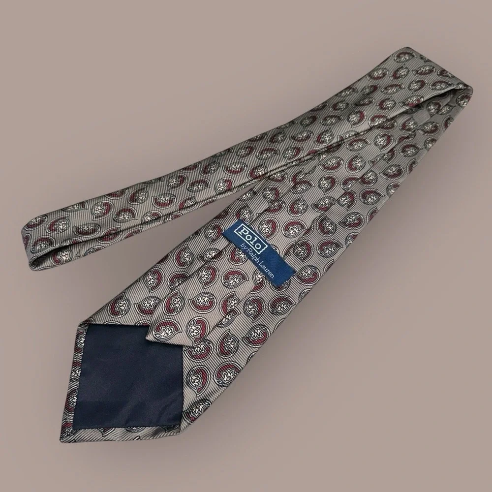 Polo Ralph Lauren Men's Silk Tie - Paisley Print -‎ Titanium Beige & Red - 59